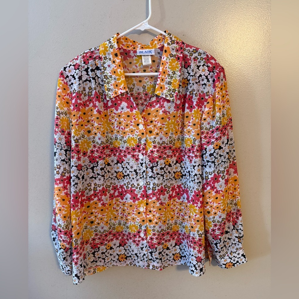 Vintage Womens Blair Sheer Floral Tunic Pearl Button Up Size‎ XL Coral White